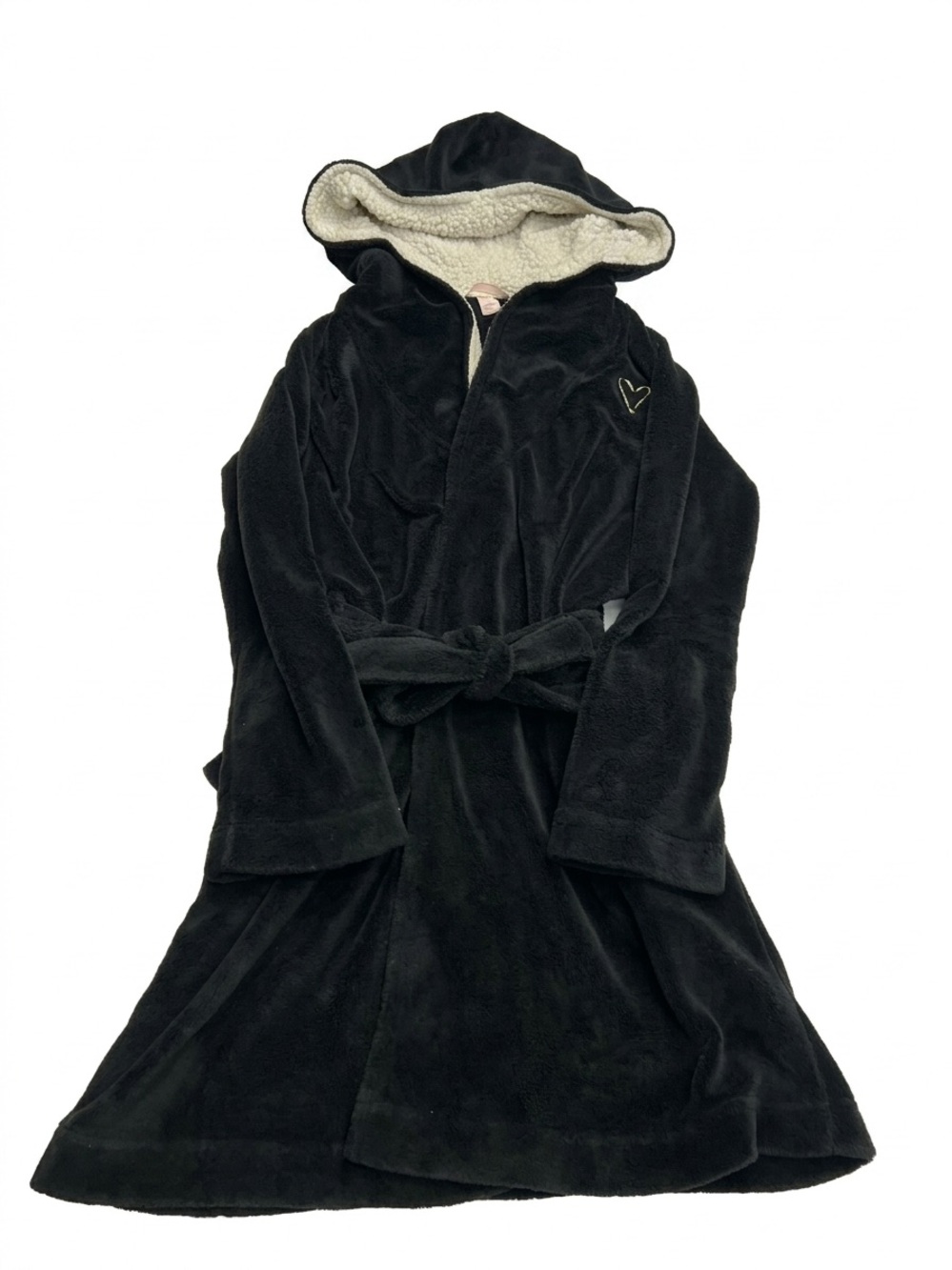 Victoria’s Secret Black Plush Sherpa Lined Hooded Fleece Robe Wrap Size XS/S